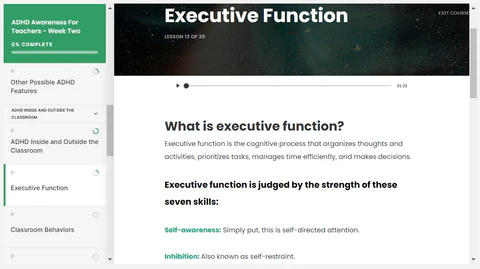 ADHD Awareness course in Articulate Rise, showing the Executive Function lesson with sidebar navigation and interactive content