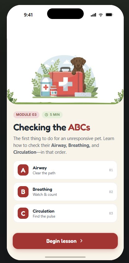 First Aid for Pet Parents mobile module showing Module 03: Checking the ABCs with Airway, Breathing, and Circulation lesson sections