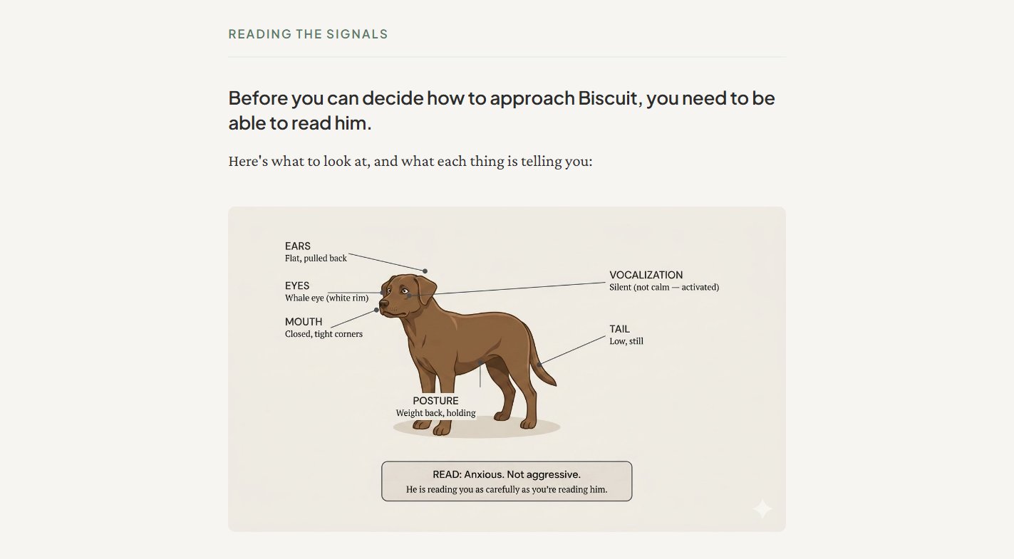 Volunteer onboarding module showing the Reading the Signals section with a labeled diagram of an anxious dog's body language cues